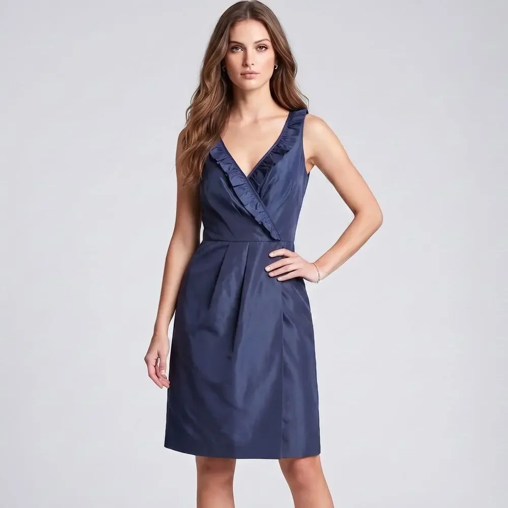 J. Crew Blakely Silk Taffeta Ruffle Faux Wrap Cocktail Dress Blue Womens Size 10